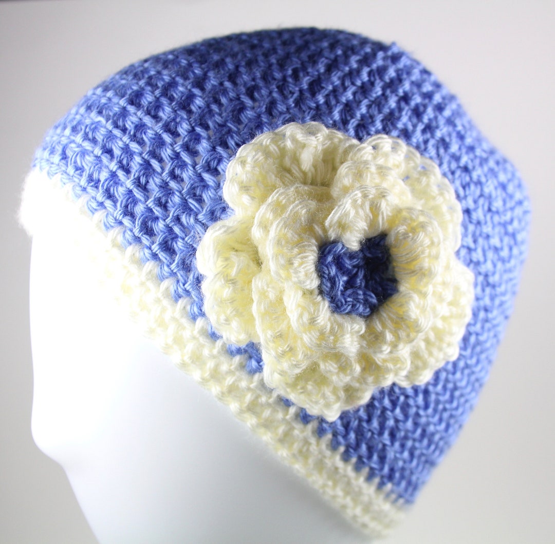 Blue Crochet Beanie Hat With Ivory Flower - Etsy