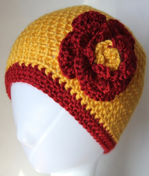 Handcrafted Yellow and Red Crochet Hat Handmade Crocheted Winter Hat: Red and Yellow Ear Flap Pom  main image 4