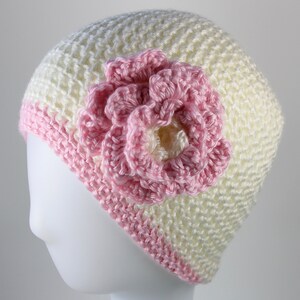 Ivory Crochet Hat With Pink Crochet Flower; Winter Knit Hats For Women; Gift For Mom, Sister, or Girlfriend