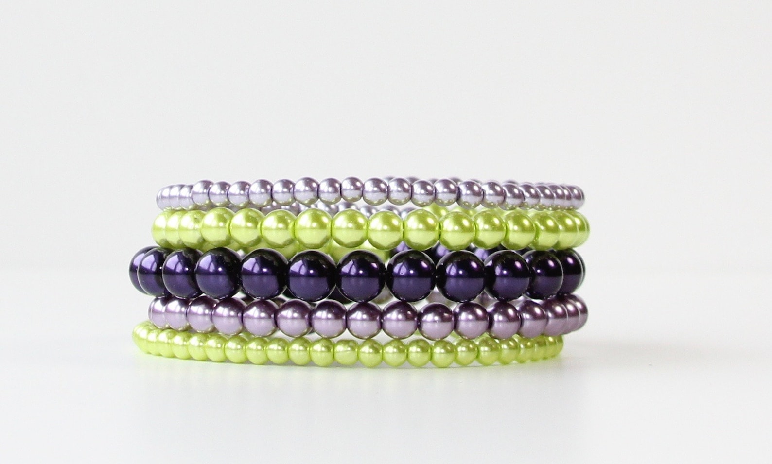 Lime Green and Purple Wrap Bracelet; Glass Pearl Beaded Bracelet