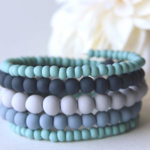 Gray, Blue, Navy, and Turquoise Beaded Polymer Clay Memory Wire Bracelet