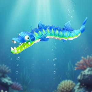 May include: A cartoon-style aquatic creature with a blue body, green and white accents, and a toothy grin. The creature swims in a blue ocean with bubbles and coral in the background.