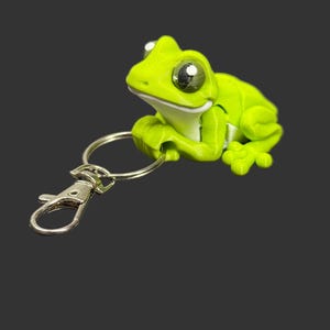 May include: A lime green frog keyring with a silver clasp and ring. The frog has large, detailed eyes and a white underbelly. The keyring is a fun accessory.