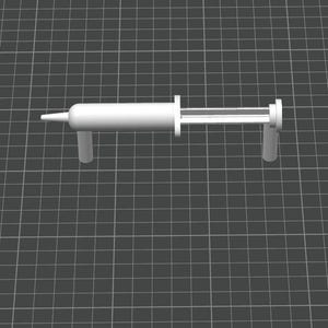 May include: A white, 3D-rendered syringe model. The syringe has a cylindrical body, a plunger, and a needle tip. The design includes two supporting legs. The background is a dark gray grid.