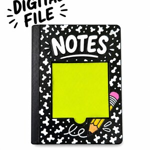 Op de afbeelding: Een rechthoekige digitale bestandsomslag met een zwarte achtergrond en een wit spetterpatroon. Het woord NOTES staat bovenaan in het wit gedrukt. Een groot limoengroen vierkant staat in het midden, met een gele potloodafbeelding rechtsonder.