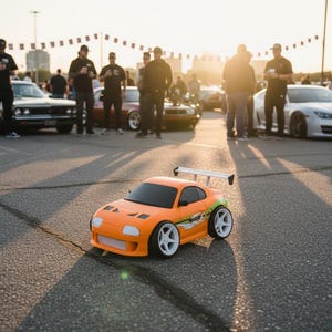 May include: An orange toy car with a white spoiler and white wheels is parked on asphalt. The car has green and white graphics. Several people are standing around other cars in the background, with a sunset in the distance.