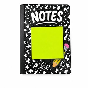 May include: A black and white speckled notebook cover featuring the word NOTES in white capital letters at the top. A bright neon yellow square is centered on the cover, with a small illustration of a yellow pencil with a pink eraser below.