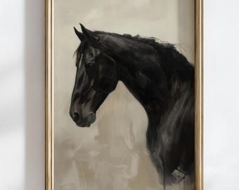 Modern Black Horse Oil Painting – Equestrian Art, Neutral Decor (Digital Download)