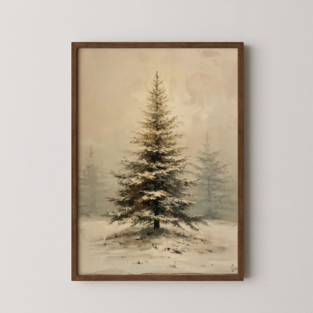 Snowy Pine Tree Art Print • Winter Woodland Oil Painting (digital ...