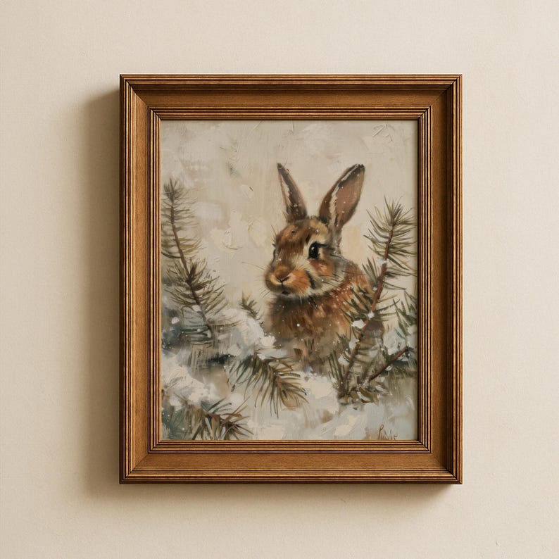 Painted Winter Rabbit Winter Bunny Oil Painting Printable – Rabbit in Snow Wall Art, Digital ...