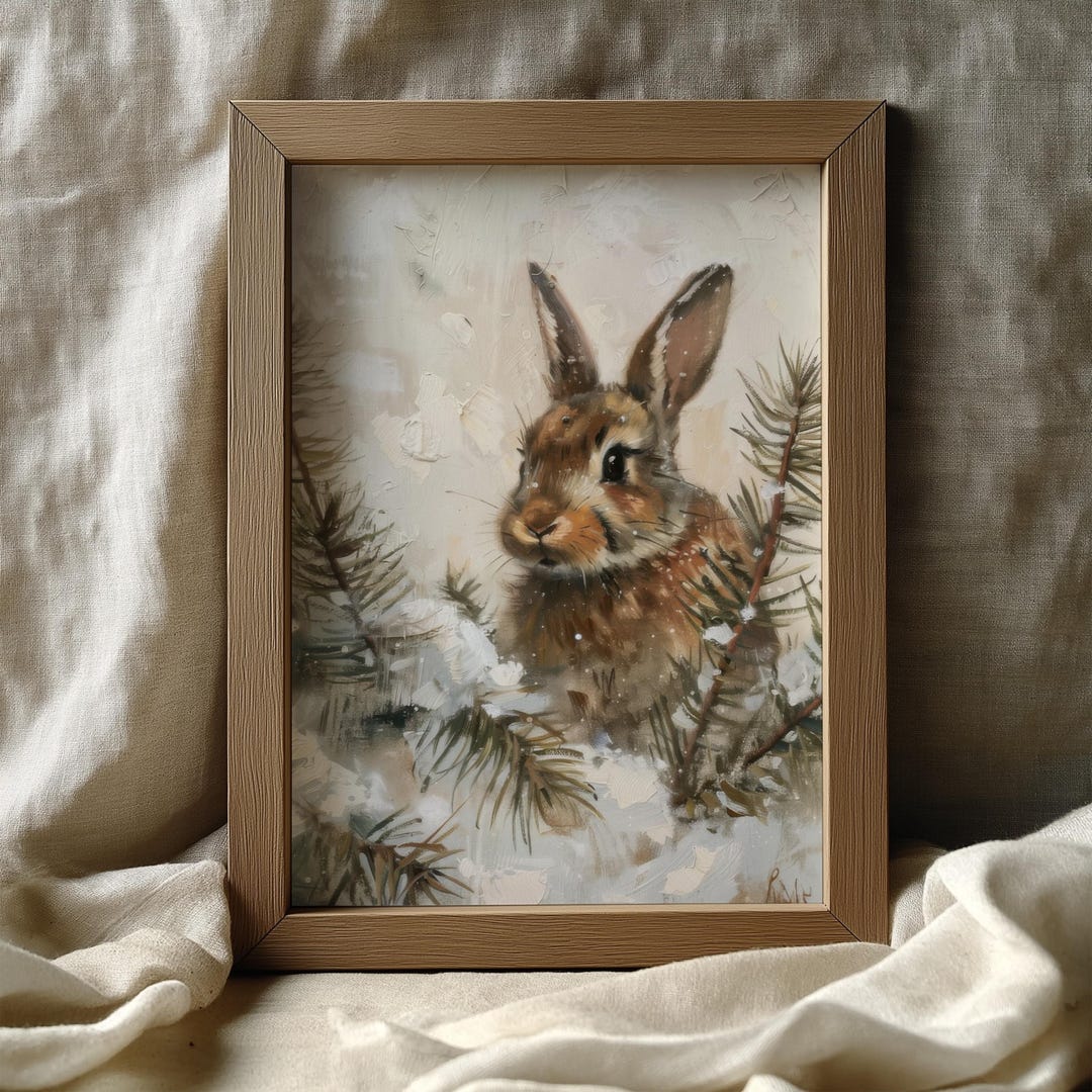 Painted Winter Rabbit Winter Bunny Oil Painting Printable – Rabbit in Snow Wall Art, Digital ...