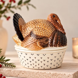 May include: A ceramic lidded dish featuring a sculpted turkey topper with brown and black feathers. The base is a round, cream-coloured bowl decorated with a repeating pattern of small, dark, three-dot motifs around the exterior surface.