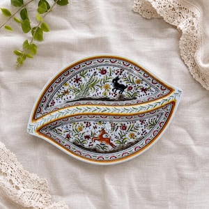 Hand-Signed Cerâmicas de Coimbra Divided Tray, Hand-Painted Rabbit Folk Art Ceramic Platter 11.25”