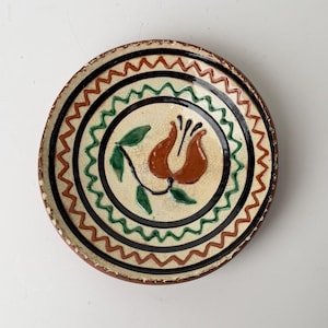 Könnte beinhalten: Kleiner, runder, handbemalter Keramikteller mit floralem Design. Der Teller zeigt ein zentrales Bild einer roten Blume mit grünen Blättern auf cremefarbenem Hintergrund, umgeben von konzentrischen Ringen aus schwarzen, grünen und roten Zickzackmustern. Der Rand ist dunkelbraun.