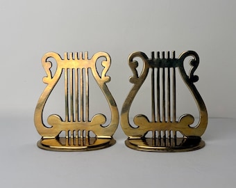 Vintage messing lierboekensteunen halverwege de eeuw harp bureaudecor