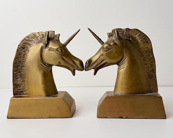 Vintage Solid Brass Unicorn Bookends Fantasy Brass Book Ends Dark Academia Decor Pair
