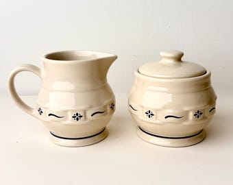 Juego de jarro para crema y azúcar Longaberger vintage, cerámica azul con estampado floral.
