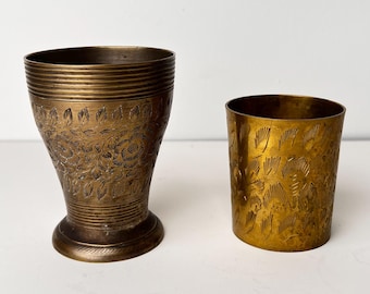 Vintage Brass Tumblers Hand Engraved Cups Mid Century Barware Etched Brass Drinkware