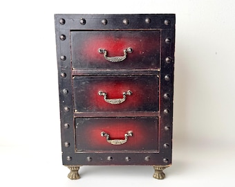 Caja joyero vintage roja y negra con 3 cajones.