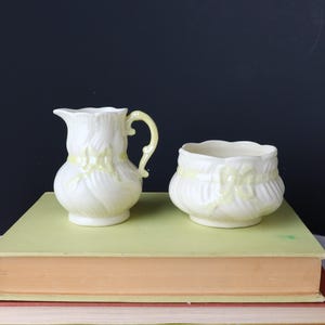 Belleek Yellow Ribbon Creamer Sugar Set Irish Parian Porcelain Vintage Tea Set