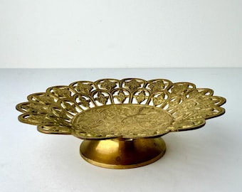 Vintage Brass Pedestal Bowl with Pierced Floral Openwork Design
