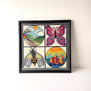 Vintage Fish and Butterfly Needlepoint Wall Art Framed Nature Decor