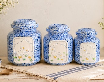 Vintage Pottery Craft USA eendenpotjesset, blauw Spongeware keukendecoratie