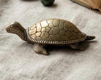 Vintage Solid Brass Turtle Figurine 6”, Mid-Century Brass Animal Sculpture Aged Gold Paperweight