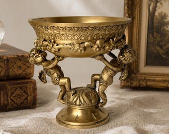 Antique Victorian Cherub Brass Compote Bowl, Figural Pedestal Centerpiece, 6 Inch Tazza