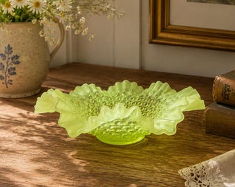 Vintage Fenton Yellow Topaz Uranium Glass Hobnail Ruffled Bowl 10.5”, Vaseline Glass Compote