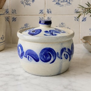 Vintage German Heringstopf Blue Stoneware Crock Lidded Salt Glaze Pot