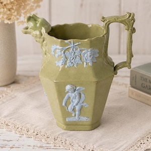 Antique Staffordshire Jug, Lion Head Spout, Blue Green Glaze, Octagonal English Pottery