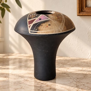 May include: A matte black ceramic vase with a wide, mushroom-shaped top. The upper surface features a decorative panel with geometric shapes in muted pink, dark red, and tan, accented by small black dots and thin white lines.