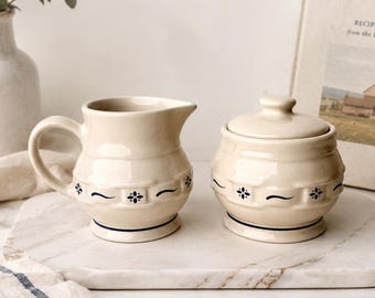 Vintage Longaberger Pottery Creamer & Sugar Bowl Set, Blue Floral, 1990s Farmhouse Ceramic, Ohio