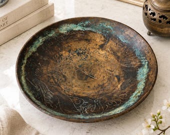 Vintage Chinese Engraved Brass Dragon Bowl 11” Hand-Etched Chinoiserie Decorative Centerpiece 1930s