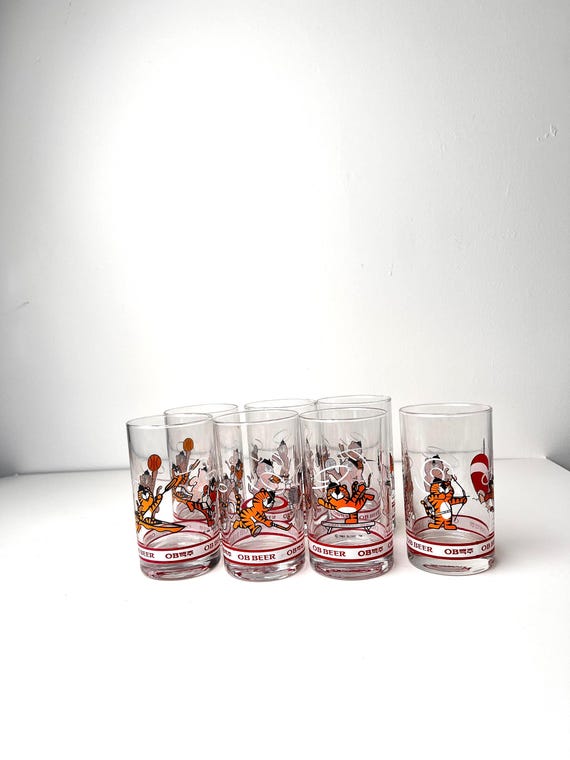 Complete Set of 7 Vintage OB Beer Hodori Glasses  1988 Seoul Olympics  Korean Barware Collectibles