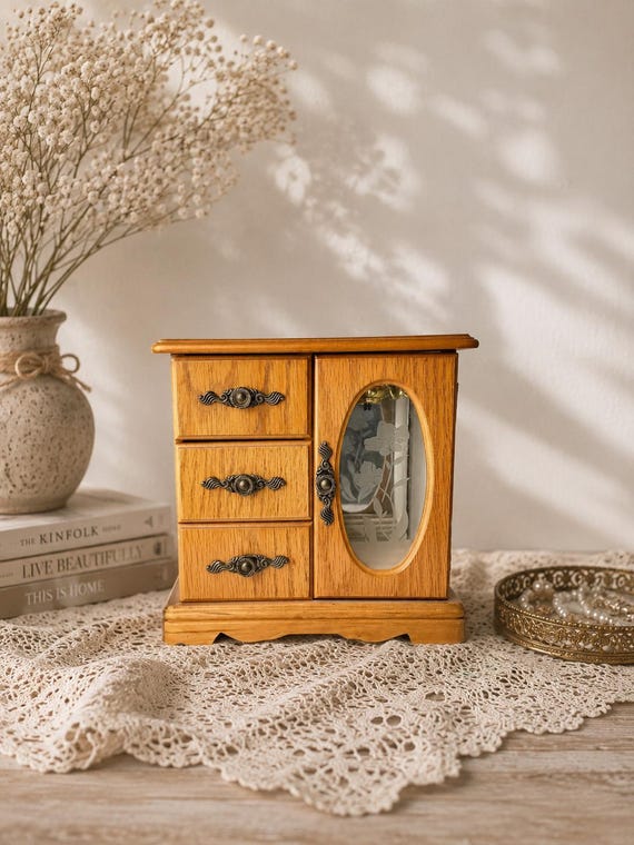 Vintage Honey Oak Jewelry Box Armoire, Etched Glass Floral Door, Vanity Organizer Chest