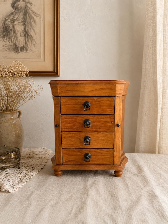 Vintage Wooden Jewelry Armoire 13.5” | 4 Drawer Jewelry Chest with Side Closets | Traditional Vanity Organizer