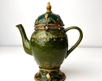 Vintage Cloisonné Teapot Trinket Boxes, Green Enamel Miniature Jewelry Boxes, Decorative Floral Collectible
