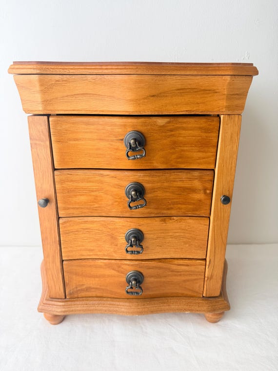 Vintage Wooden Jewelry Armoire 13.5” | 4 Drawer Jewelry Chest with Side Closets | Traditional Vanity Organizer View 3