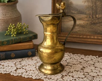 Antique Solid Brass Pitcher 8” Acorn Lid Hinged Victorian Country Pitcher English Brassware