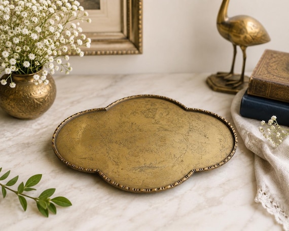 Antique Brass Tray | Hand Etched Floral Engraved Metal Centerpiece 14”