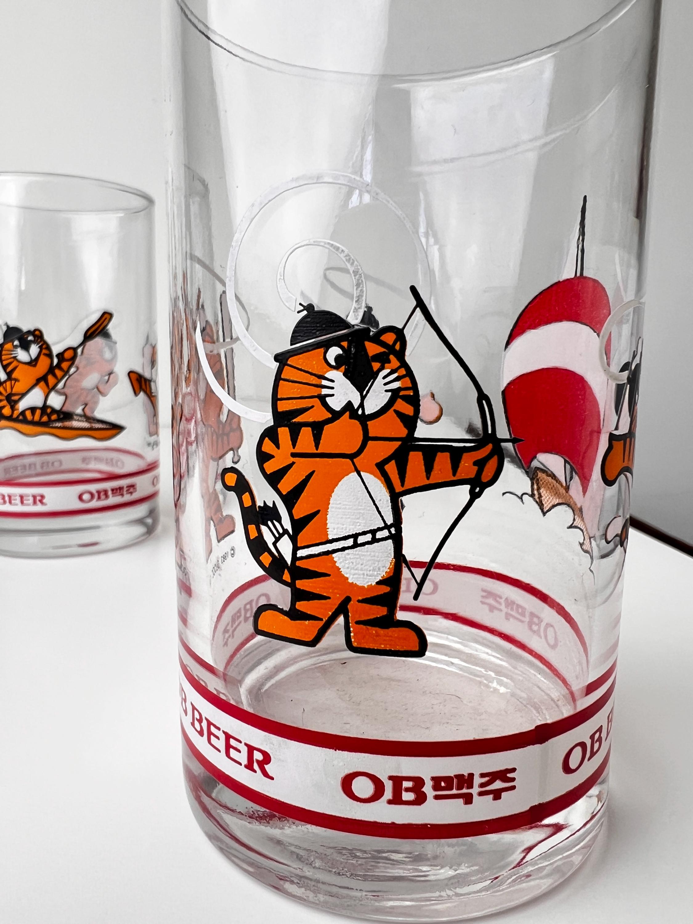 Complete Set of 7 Vintage OB Beer Hodori Glasses  1988 Seoul Olympics  Korean Barware Collectibles