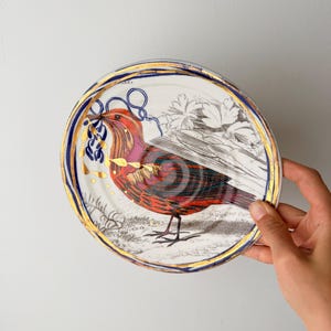 May include: A decorative plate featuring a colorful bird illustration. The plate has a white background with a blue and gold rim. The bird is red, purple, and black, holding blue leaves. Gold accents are scattered across the plate.