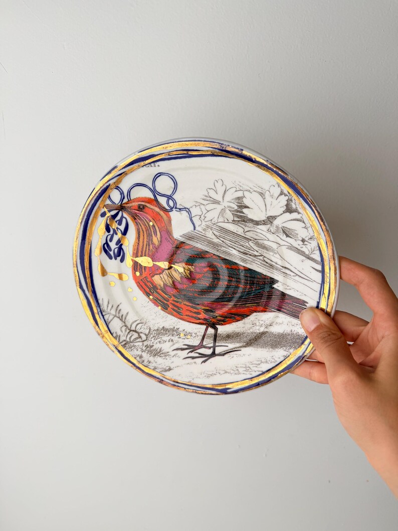 May include: A decorative plate featuring a colorful bird illustration. The plate has a white background with a blue and gold rim. The bird is red, purple, and black, holding blue leaves. Gold accents are scattered across the plate.