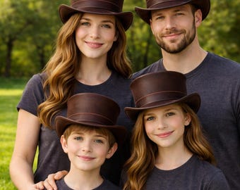 Handmade Brown Genuine Leather Top Hat | Classic Victorian Style Costume Hat