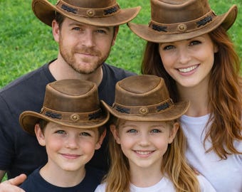 Handmade Leather Cowboy Hat, Genuine Cowhide, Brown Rustic Finish, Outback Western Style