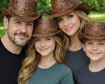 Handmade leather top hat, brown snakeskin embossed cowhide, star concho band steampunk style
