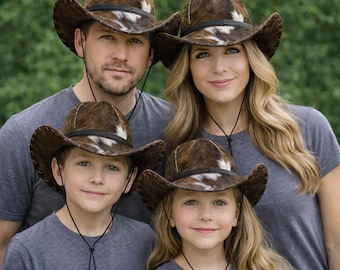 Handmade Hair on Hide Cowboy Hat, Genuine Cowhide, Brown White Western Festival Style