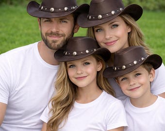 Handgefertigter Outback-Stil, schwarzer Cowboy-Hut aus echtem Leder, Nieten-Concho-Bandfestival